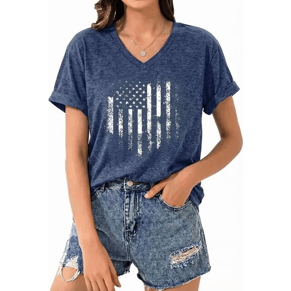 Women's V-Neck Patriotic USA Flag womens graphic t shirts(V4-Blue,L)