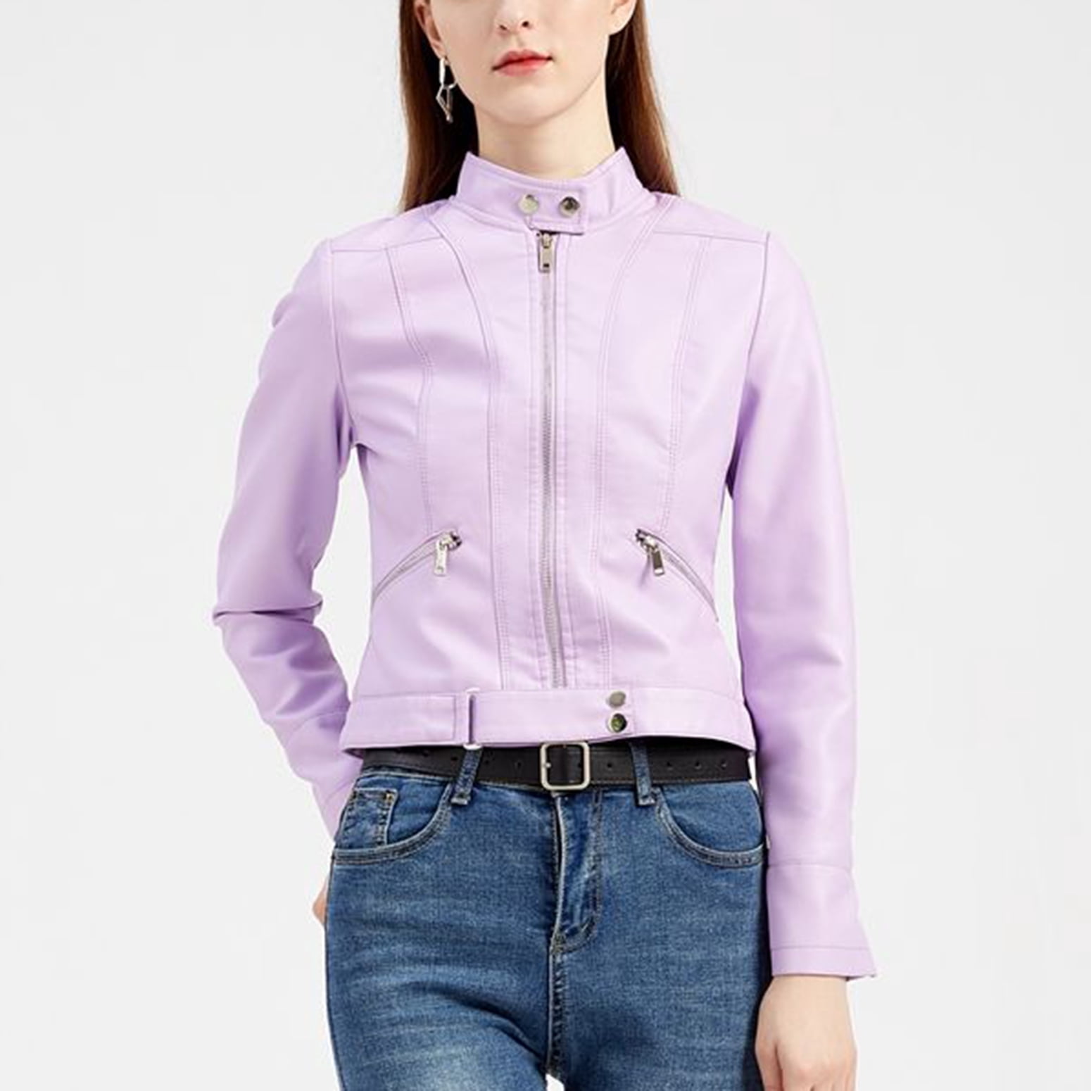 Defitshape Women's Faux Leather Jacket Winter Fashion Crop Moto Jackets & Coats Long Sleeve Fall Top Mock Neck Zipper Pocket Full Zip Short Jacket Pink X-Large