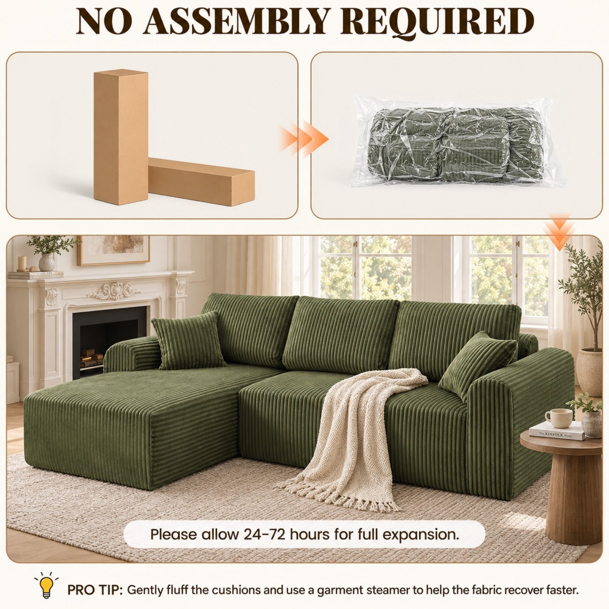DEALTOPS 109" Corduroy L-Shape Floor Cloud Couch, Deep Seat Modular Sectional Sofa, Left Chaise, Green