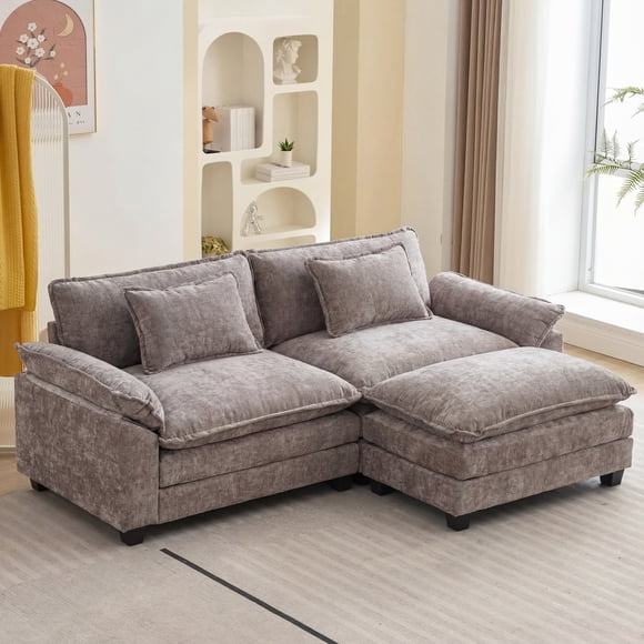 IPKIG Sectional Sofa Comfy Cloud Couch for Living Room with Pillows, Modern Chenille Sofa Sleeper Deep Couches with Two Ottoman (Light Gray, 3-Seat)
