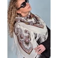 thumbnail image 4 of Pavlovo Posad Crane Wool Shawl 50x50'' (125x125 cm) 100% Wool Wrap with Silk Fringe Fashion Shawl for Women Floral Merino Wool Scarf in Сream, 4 of 5