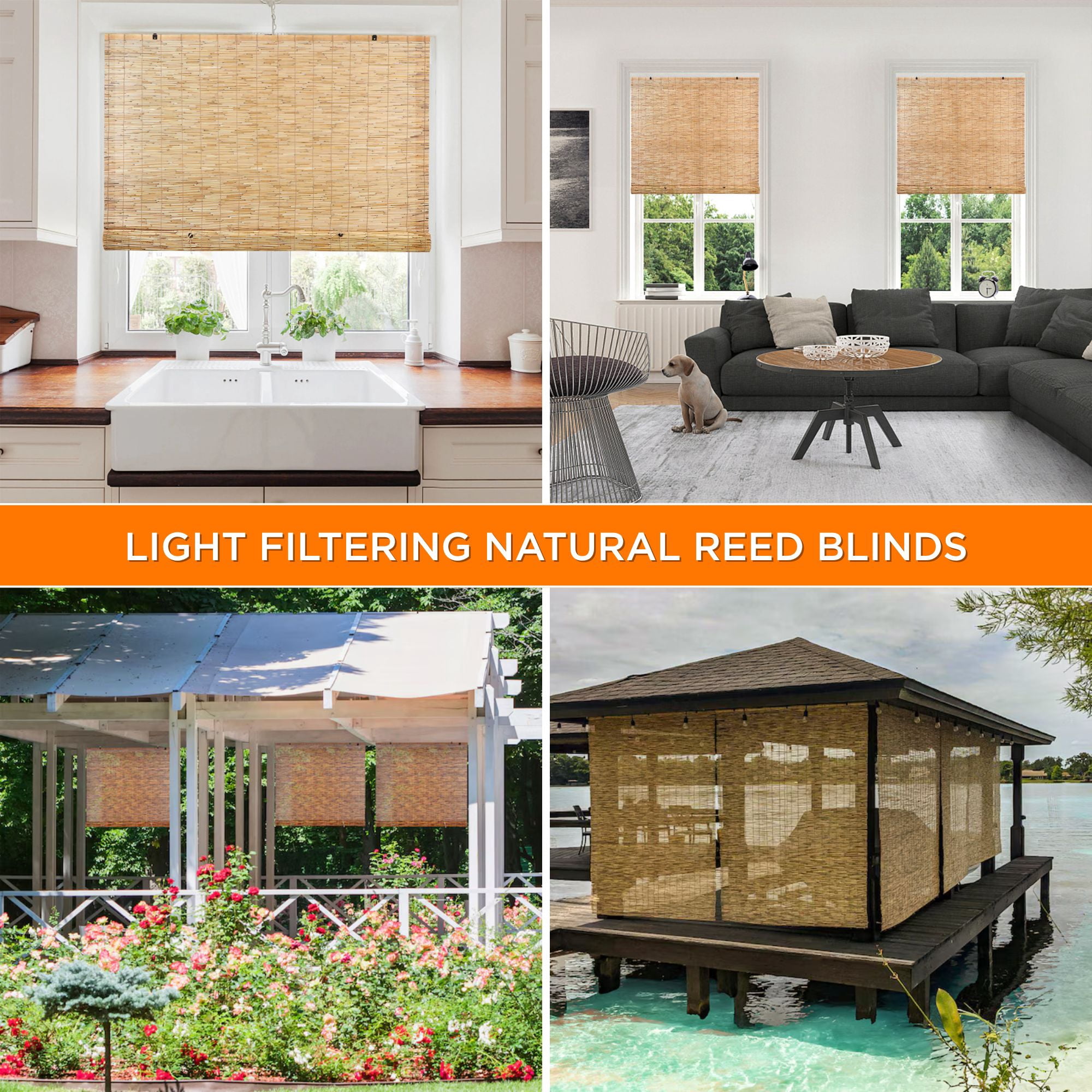 Backyard X-Scapes Reed Blinds Manual Roll-Up Cord Free Roman Shades, Natural, 60" W x 72" H