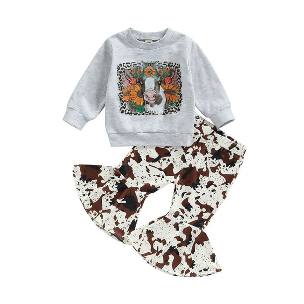 Ma&Baby Baby Girls Cowboy Pants Set,Long Sleeve Cow Print Sweatshirt