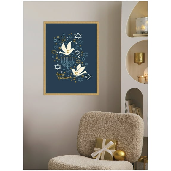 Kate and Laurel Framed Canvas Wall Art Print 'Love and Light Happy Haunkkah' by Vicky Yorke, 18 x 24 Sylvie Bright Gold Frame, Whimsical, Holiday Art for Wall Decor