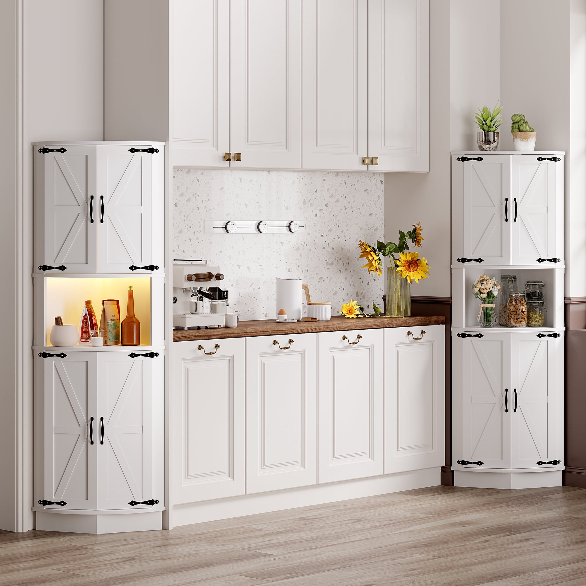 64.6" Tall Farmhouse Corner Cabinet with 4 Doors and 5 Storage Shelves, Farmhouse Storage Cabinet with Barn Door Design, Home Space Saver for Living Room, Kitchen, Laundry Room, White