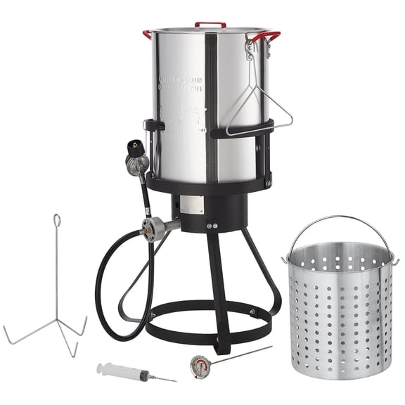 Turkey Fryer 30-Qt, Outdoor Propane Fryer Boiler, Seafood Steamer Cooker Kit with Burner, Basket, Rack, Thermometer - 54,000 BTU