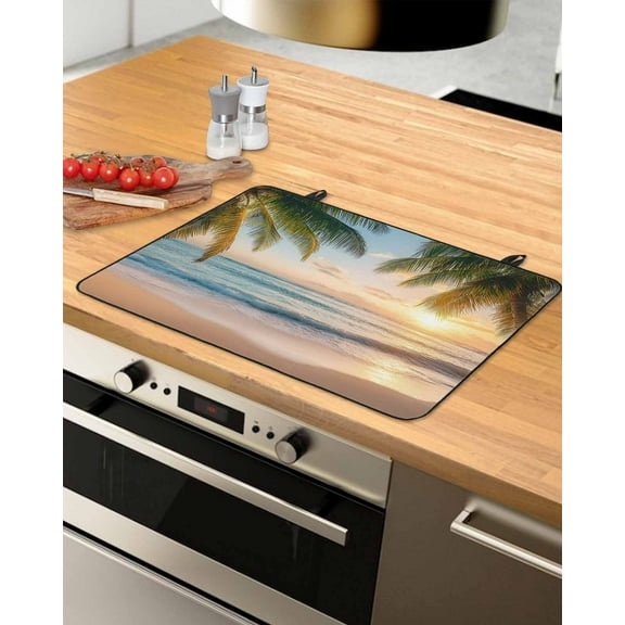 nqOlkjepod Large Induction Cooktop Protector Mat 24"x21", Coastal Beach Stove Top Covers for Electric Stove, Summer Tropical Palm Trees Ocean Stove Burner Cover Mats, Glass Top Stove Cover
