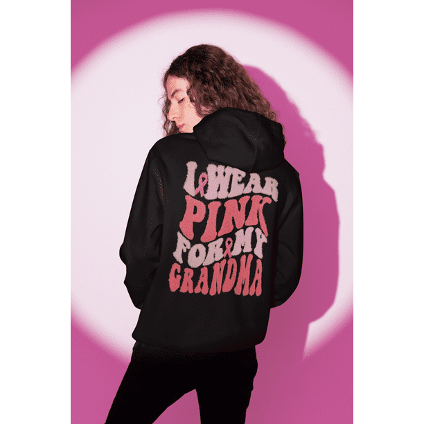 Wild Bobby I Wear Pink for My Grandma Breast Cancer Awareness Support Trendy Fuzzy Pink Chenille Fabric Patch Style Front and Back Hoodie Sweatshirt Walmart Business Supplies