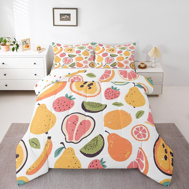 Erosebridal Ensembles de Couette d'Été aux Fruits Format Double, Couettes et Duvets Fraise Citron Banane, Réversible 3 Pcs, Réversible