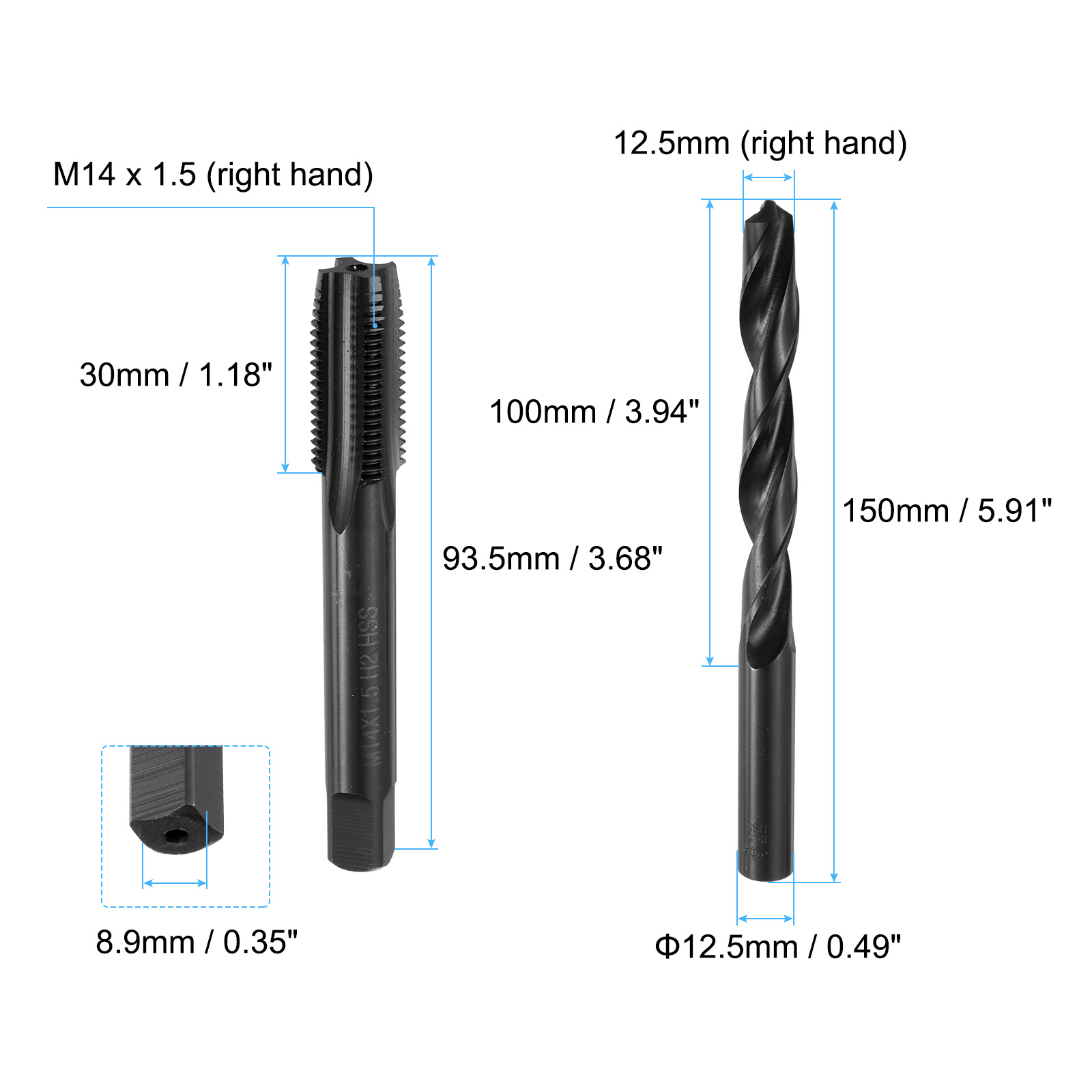 Uxcell Tap and Drill Bit Set, M14 x 1.5 Straight Flute Tap & 12.5mm Drill Bit Black Oxide