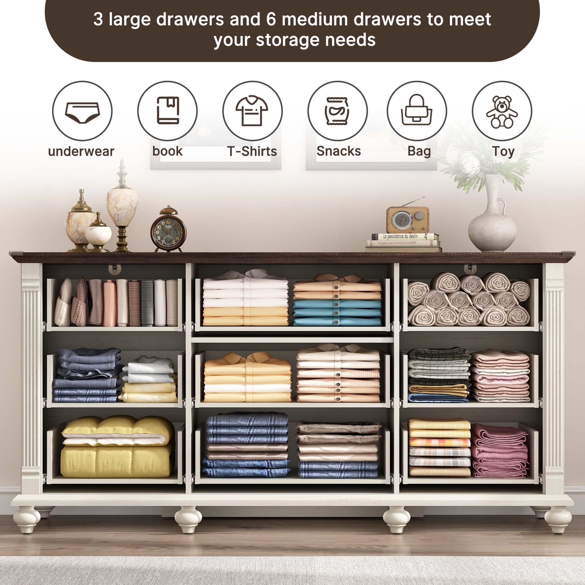 Blotout 9 Drawer Dressers for Bedroom, Farmhouse Dresser with 6 Solid Wood feet, 63" Wide White Dresser Wooden Dresser Rustic Chest of Drawers Long Dresser