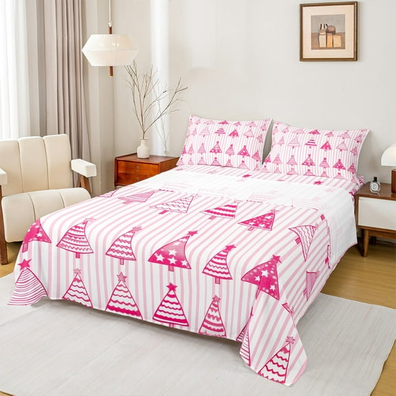Manfei Cartoon Xmas Tree Twin Sheet Sets,Merry Christmas Twin Fitted Sheet,Pink Geometric Striped Flat Sheet For Girls Kids,Super Cozy Room Decor,3 Pieces