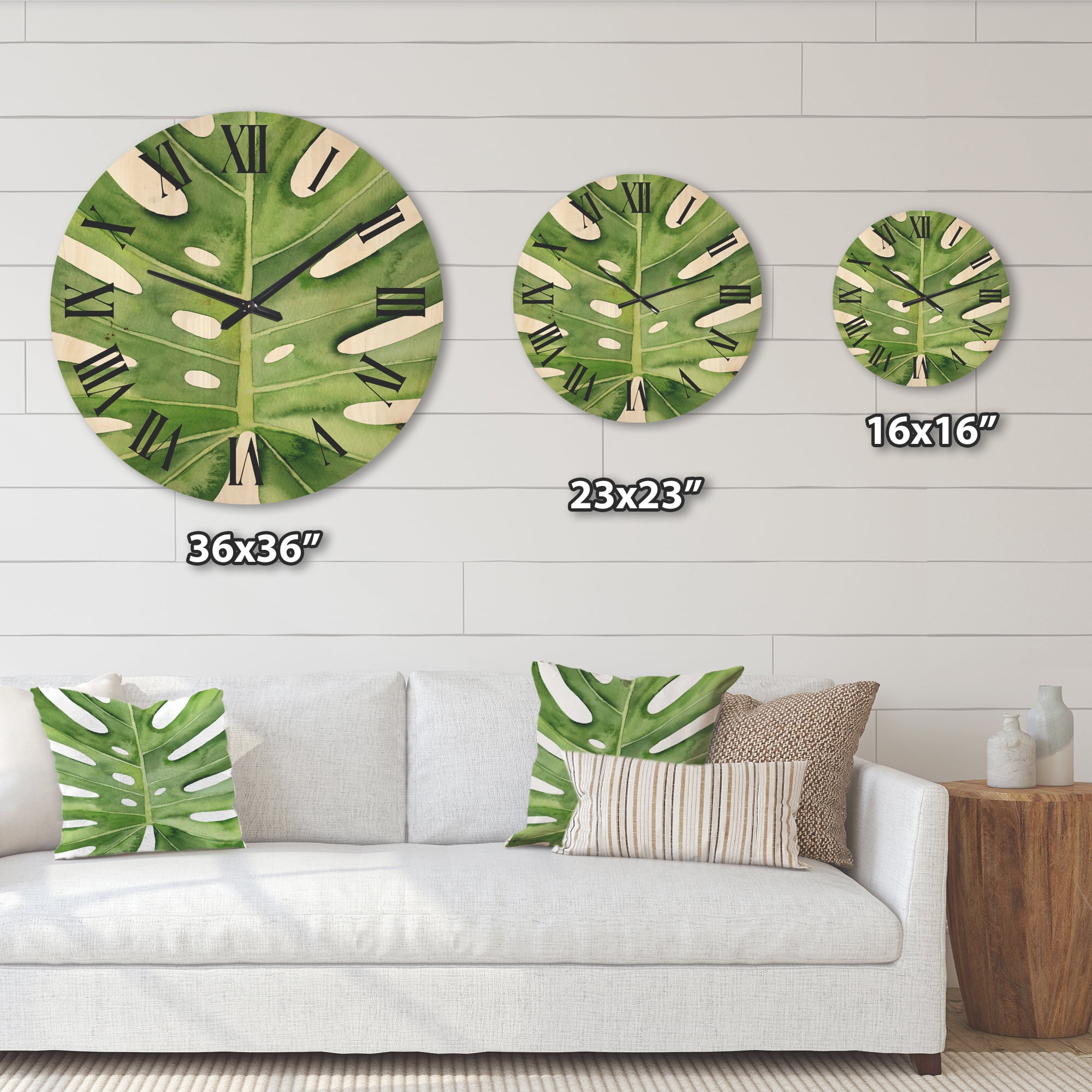 Designart 'Close Up Green Monstera Leaf Tropical Palm' Tropical Wood Wall Clock