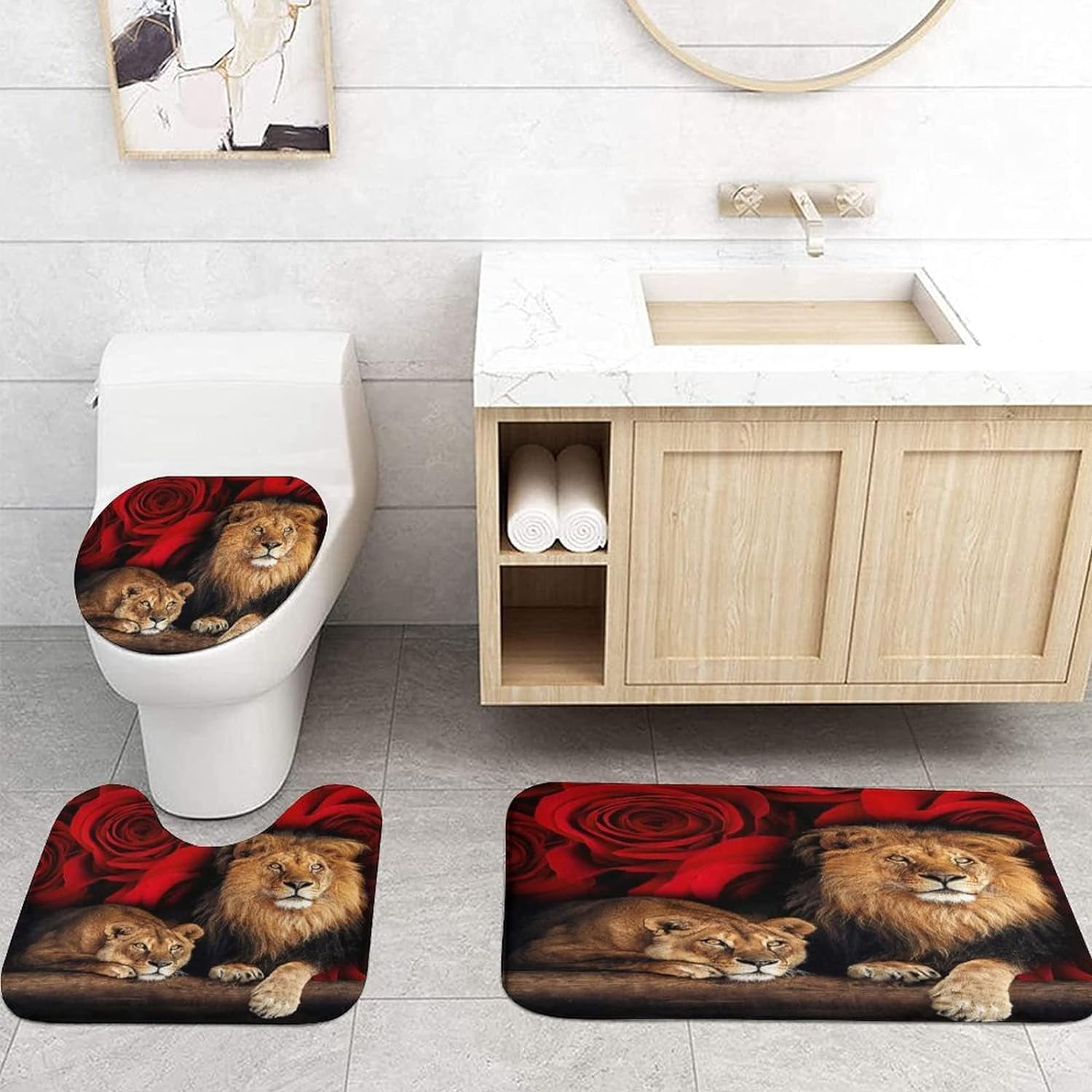 4PCS Red Rose and Lion Shower Curtain Bathroom Set with Rugs, Toilet Lid Cover and Bath Mat, Red Shower Curtain with 12 Hooks, Complete Bathroom Accessories Decor Set