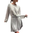 thumbnail image 1 of Sexy Dance Robe à Paillettes pour Femmes Col Rond Courte avec Ceinture Mini Mode Soirée Manches Longues Argent TP, 1 of 2