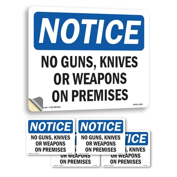 No Guns Knives Or Weapons On Premises OSHA Notice Vinyl Decal Label 10 Inch x 7 Inch - 5 Pack