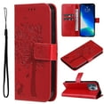 thumbnail image 1 of Wallet Case for iPhone 14 Pro Max 6.7" 2022, Allytech Embossed Tree&Cat PU Leather and TPU Bumper Anti-Shock Drop Proof Hand Strap Case for iPhone 14 Pro Max 5G, Red, 1 of 6