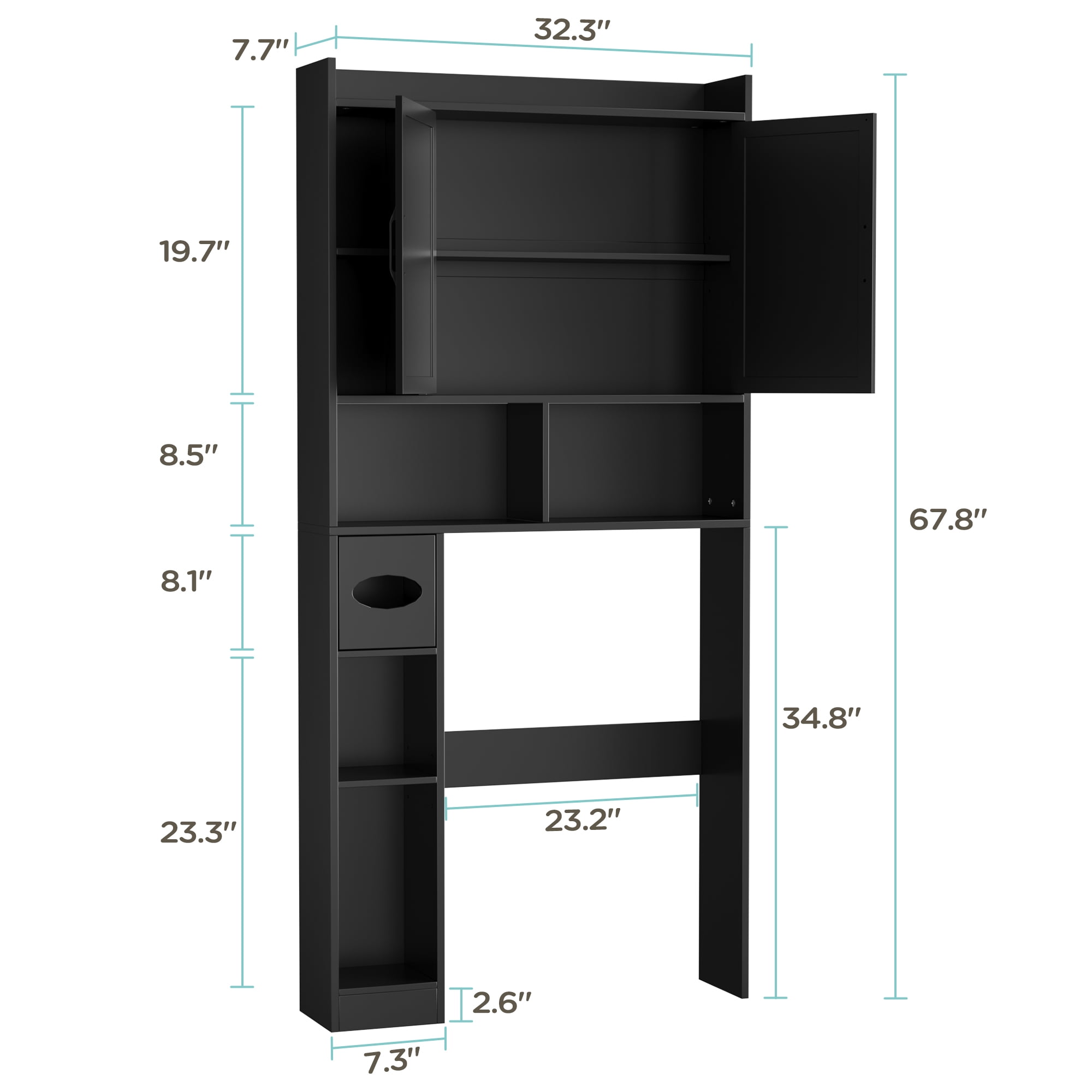DIYART 67.8" H Over The Toilet Storage Cabinet with Adjustable Shelves & Toilet Paper Holder, Farmhouse Over Toilet Bathroom Organizer, Double Door Toilet Cabinet for Bathroom, and Laundry, Black