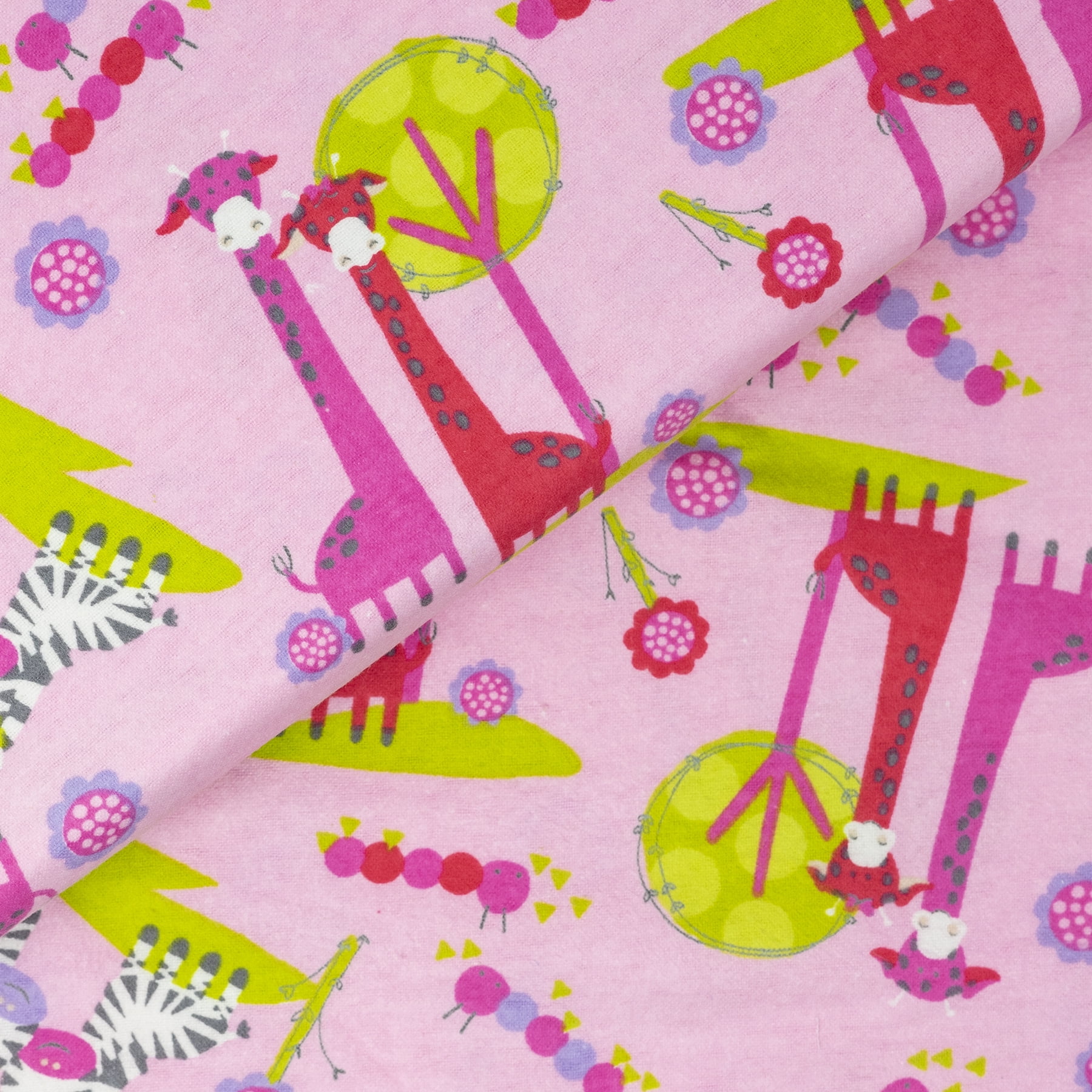 RTC Fabrics 43" 100% Cotton and Flannel Zebra Sewing & Crafting Fabrics, 8 yd By the Bolt, Pink, Green and White