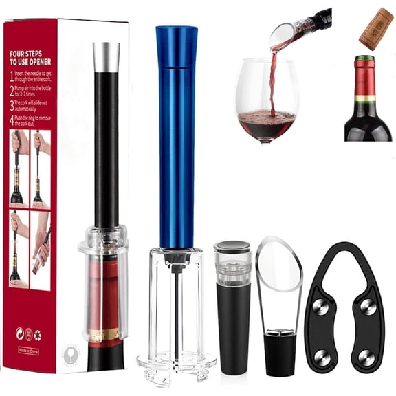 4-In-1 Wino On the Go Set, with Air Pressure Pump, Foil Cutter, Wine Pourer & Vacuum Stopper, Efficient Corkscrew Bottle Opener for Home Bar, Great for Wine Lovers