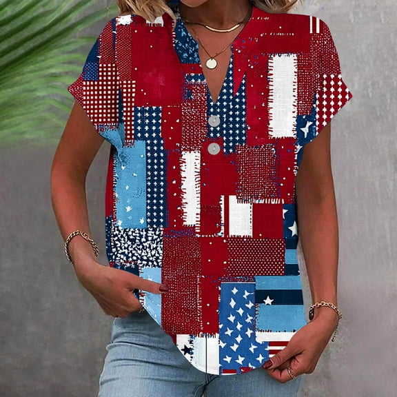 4th of July Women Shirts Fourth of July Shirts Womens Womens Red White and Blue Shirts Memorial Day T Shirts for Women Women Fashion Casual Printed Short Sleeve Button Home V-Neck T-Shirt Blouses