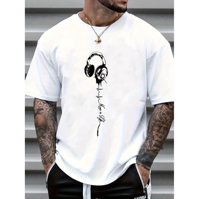Playera Para Hombre de Cuello RedondoComfy Men's Music Print Short Sleeve Elastic Crew Neck T-Shirts, Casual Clothing Tee For Adult, Men, Women, Teen, Teenager, Adolescent, YouthFather's Day, Mother