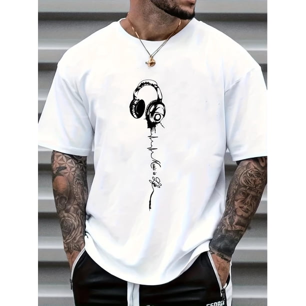 Playera Para Hombre de Cuello RedondoComfy Men's Music Print Short Sleeve Elastic Crew Neck T-Shirts, Casual Clothing Tee For Adult, Men, Women, Teen, Teenager, Adolescent, YouthFather's Day, Mother