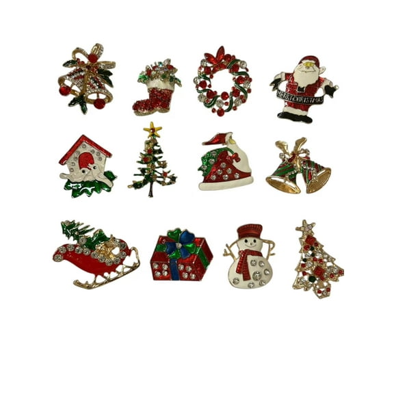 Set of 12 Vintage Christmas Brooch Lot/Holiday Brooch/Christmas Tree/Snowman/Xmas Pin Lot/Party Favor/Rhinestone Christmas