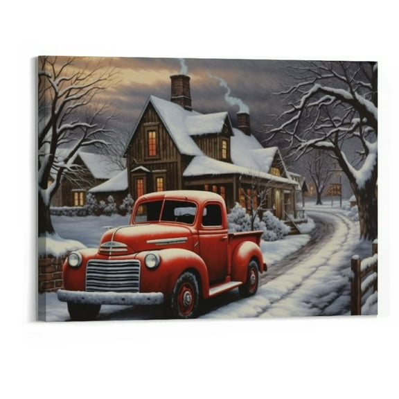 Creowell Christmas Canvas Wall Art Prints Red Truck Tree Picture Snowy Landscape Winter Scene for Holiday Decor, home decor, Art 20x16 Inch