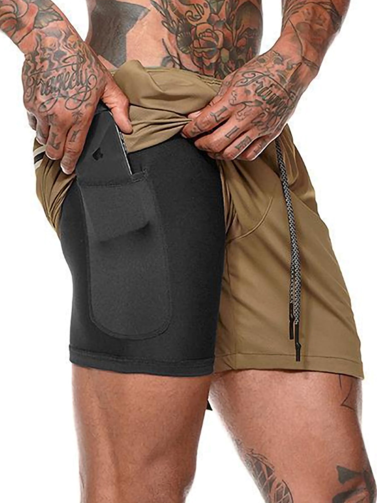RIOJOY Mens 2-in-1 Bodybuilding Workout Shorts Lightweight Gym Training Shorts Running Athletic Shorts with Zipper Pockets