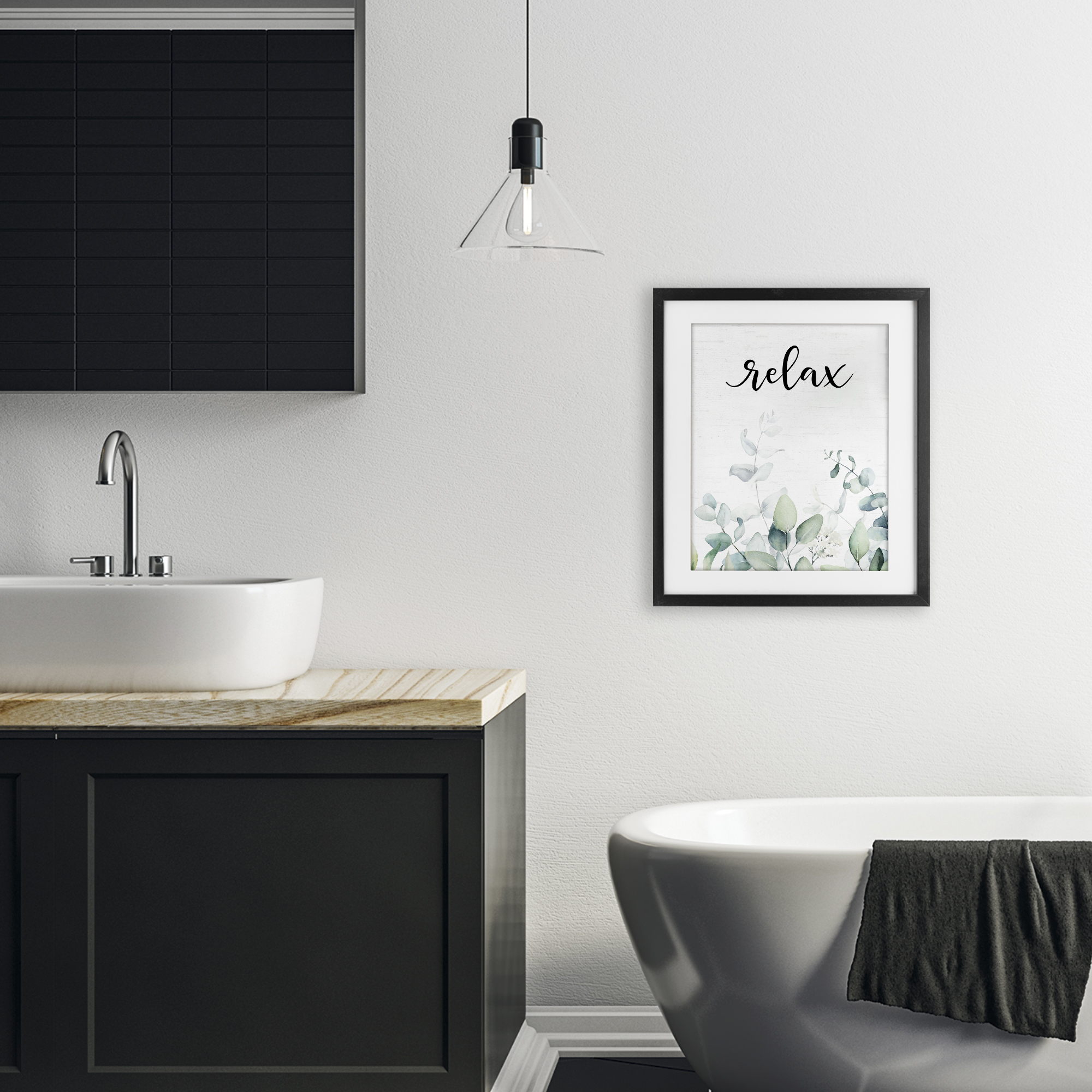 Relax Leafy Herbs Black Framed Print Under Glass, design by Lettered and Lined