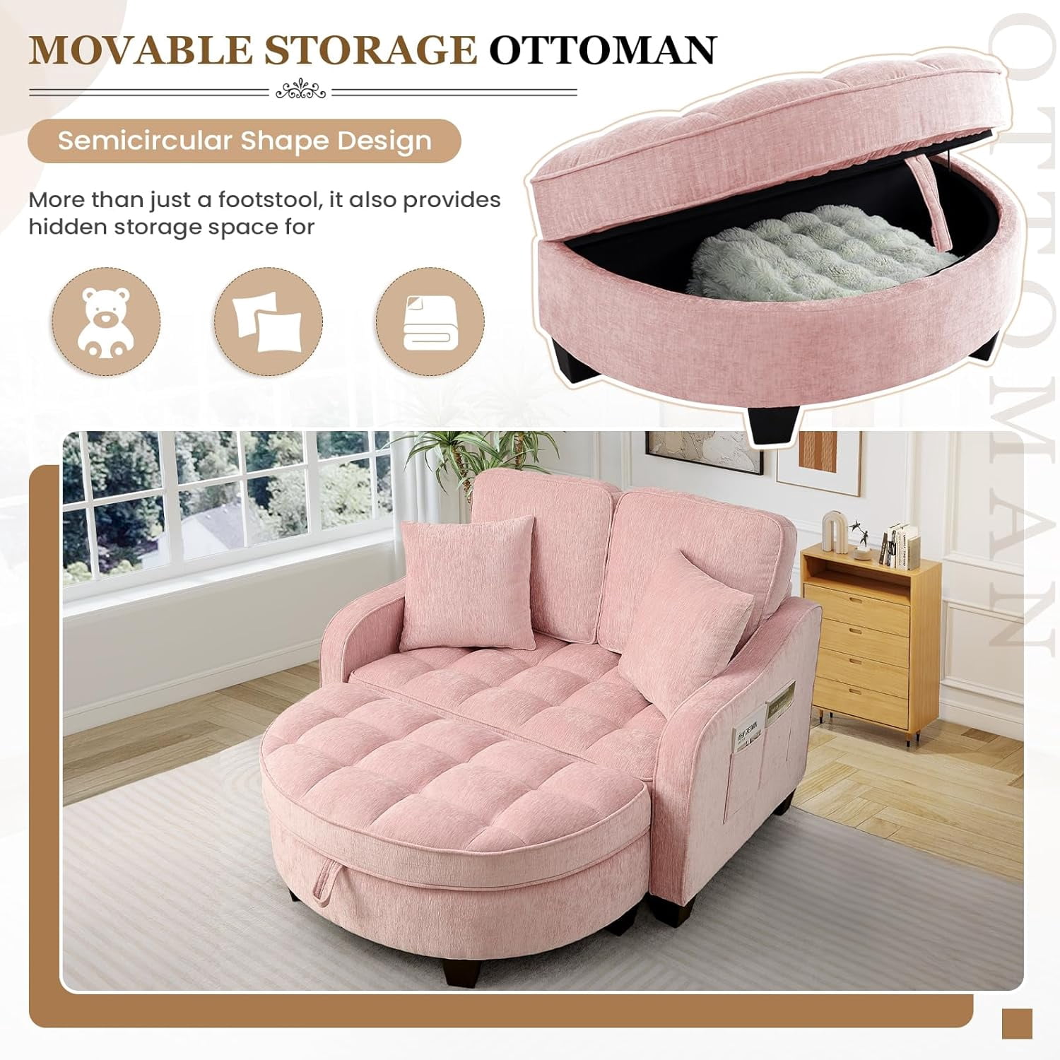 MOONMISS Oversized Chair and A Half, Chenille Tufting Accent Cozy Reading Sofa Chair with Storage Ottoman, Upholstered Loveseat Chaise Lounge Sofa with Adjustable Back for Living Room,Pink
