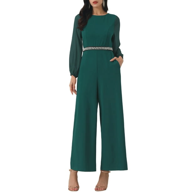 Pantalones de pierna ancha para mujer INSPIRE CHIC, mono de manga larga transparente, jumpsuit de cóctel 2XL verde oscuro