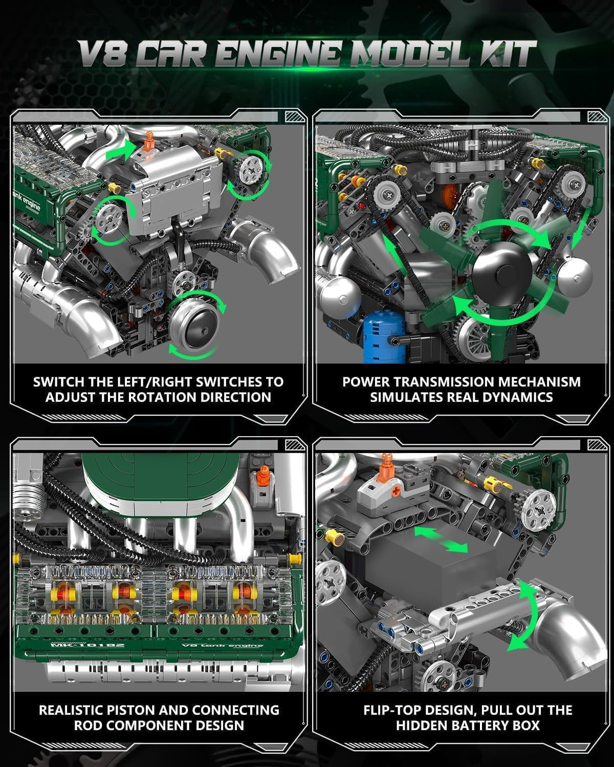 Engine Building Blocks Sets, MOC V8 Tank Engine Model Kit with Battery and Motor, Collectable 8-Cylinder Combustion Car Engine Model Toys for Adults (2250+PCS)