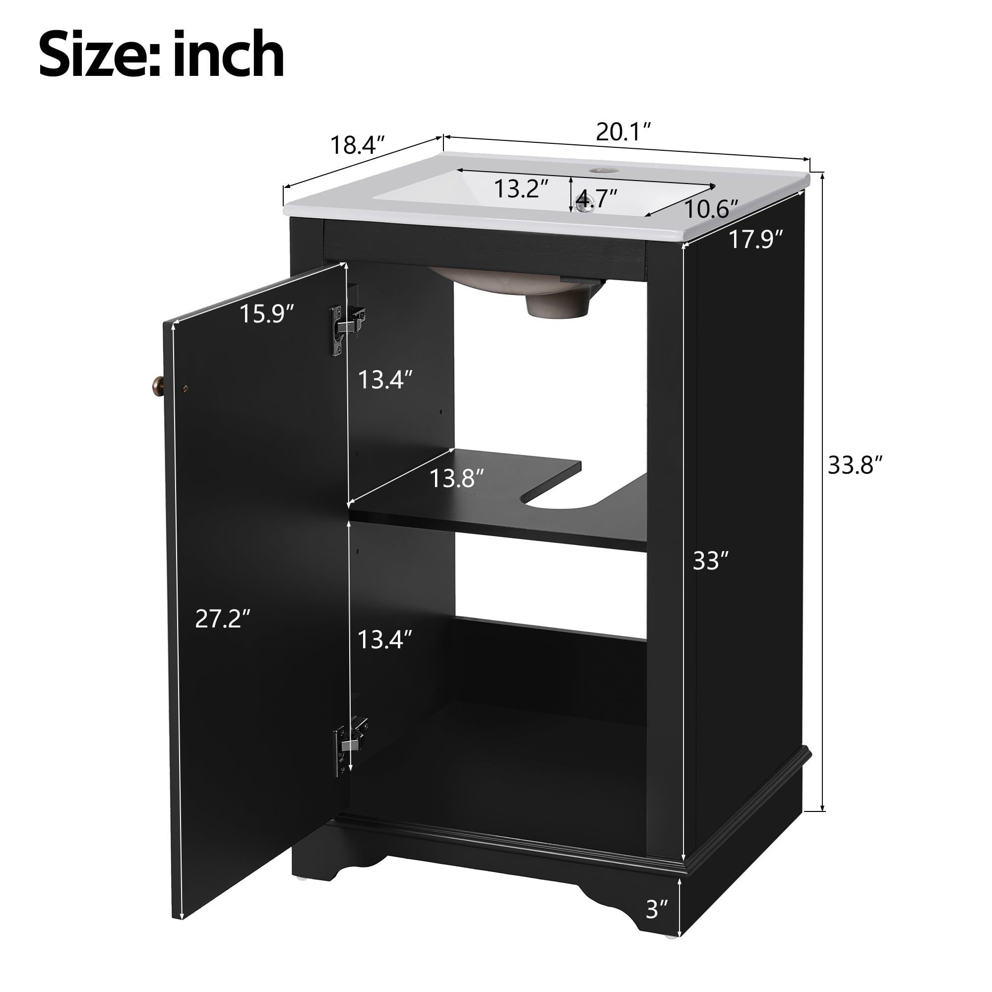 Euroco 20-inch Bathroom Vanity with Ceramic Sink, Freetanding Single Vanity Set with Soft Closing Door, adjustable shelf, Modern Style, Black.
