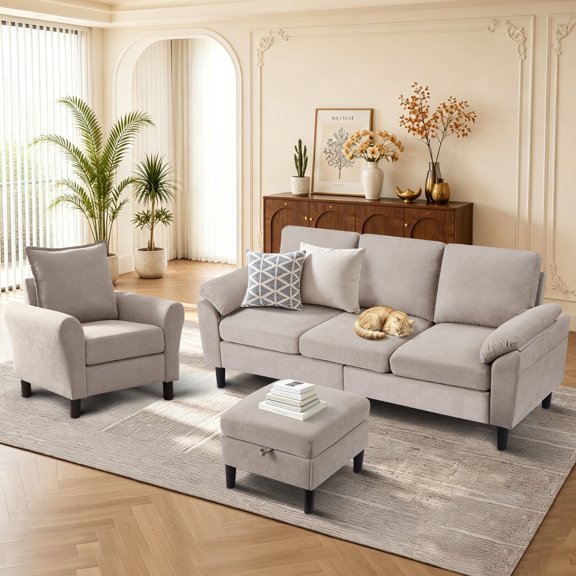 Pingliang Home Furniture Sofa Set,Sectional Sofa with Storage Ottoman & Side Pockets & Accent Chair,3 Seat L Shaped Couch with Single Armchair & Reversible Footstool for Living Room Apartment Office