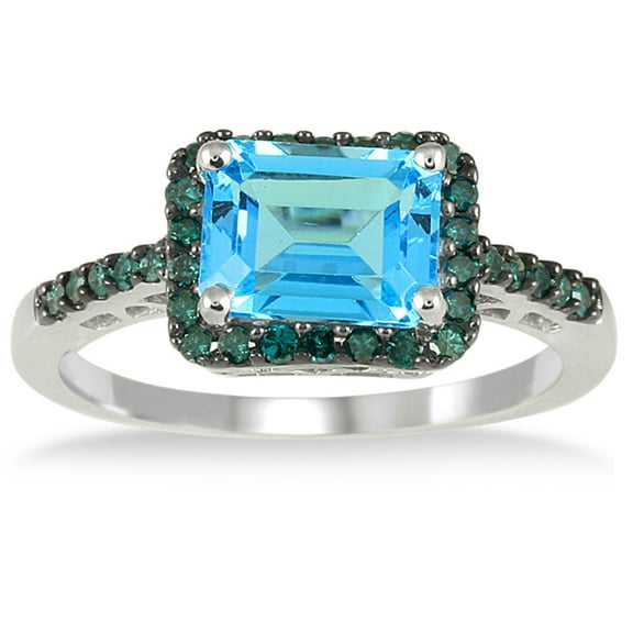 SZUL Women's 2 1/2 Carat Emerald Cut Blue Topaz and Blue Diamond Ring in 10K White Gold