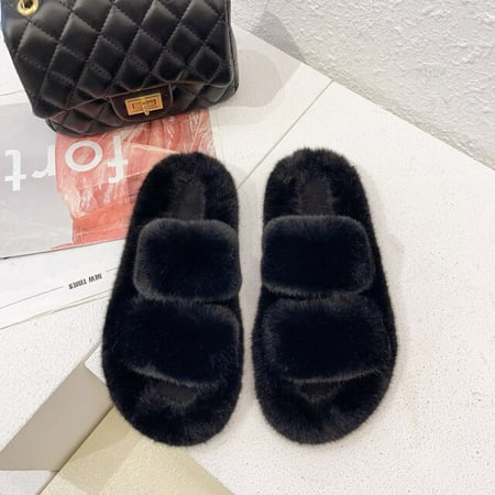

CoCopeanut Winter New Leisure Faux Fur Ladies Slippers Fashion Band Fuzzy Women Fluffy Slippers Bedroom Flat Girls Plush Shoes