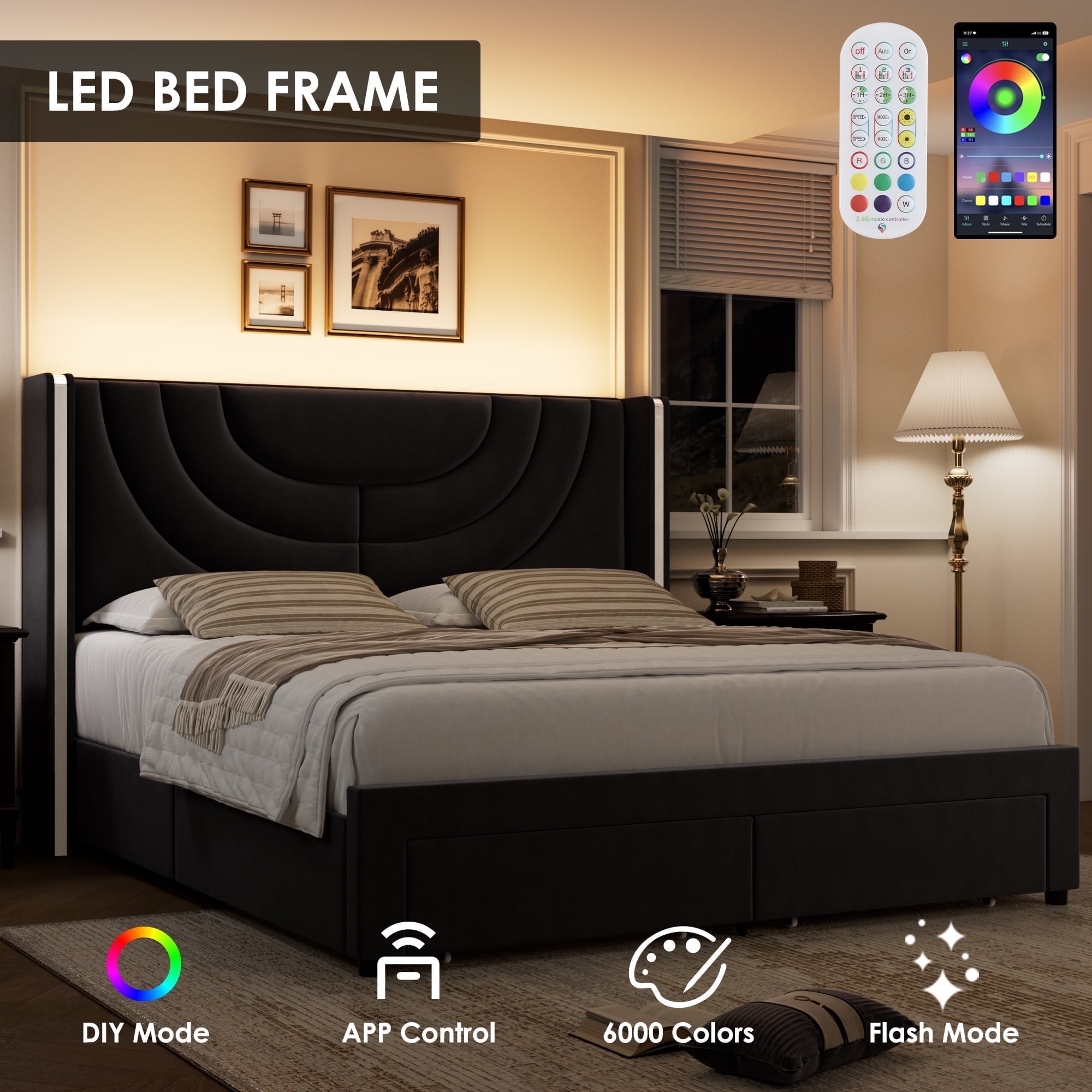 Homfa King Size LED Bed Frame with 2 Drawer Storage, Wingback Platform Bed with Velvet Upholstered Headboard, Black