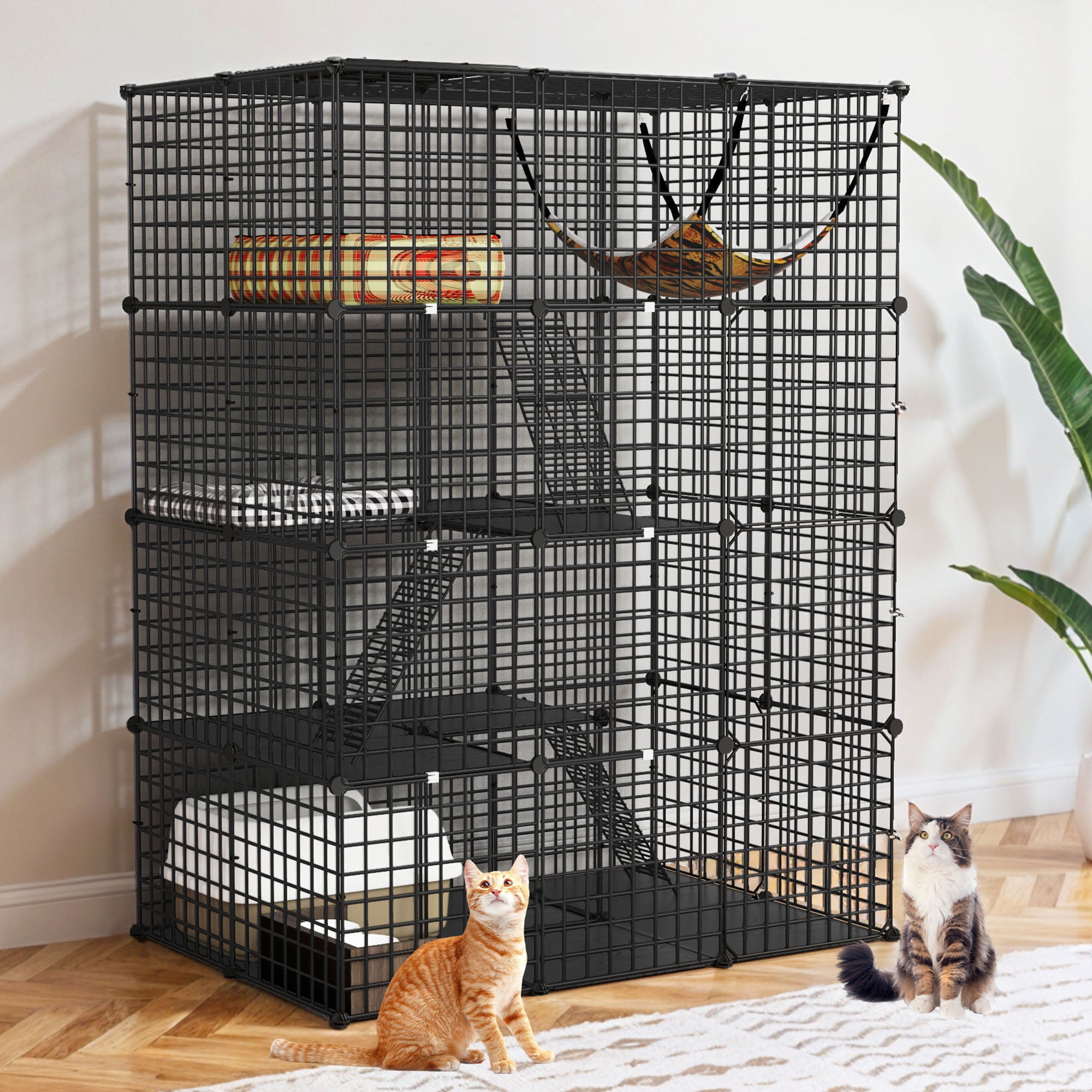 Uforic Large 4-Tier Cat Cage with Extra Large Hammock – Metal Playpen Cat Kennel for 1-3 Cats, Indoor DIY Cat Enclosure, Black, 41"L x 28"W x 55"H