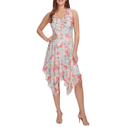 kensie Womens Ruffled Handkerchief-Hem Dress, Blue Multi, 0
