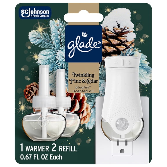 GladeĀ® PlugInsĀ® Starter Kit, Air Freshener, Twinkling Pine & Cedar, 1.34 fl oz, 1 Warmer 2 Refills
