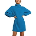 thumbnail image 3 of Autumn and winter pullover sweater foreign trade sweater dress high collar solid color pullover sweater sweater dress-turquoise-M, 3 of 6