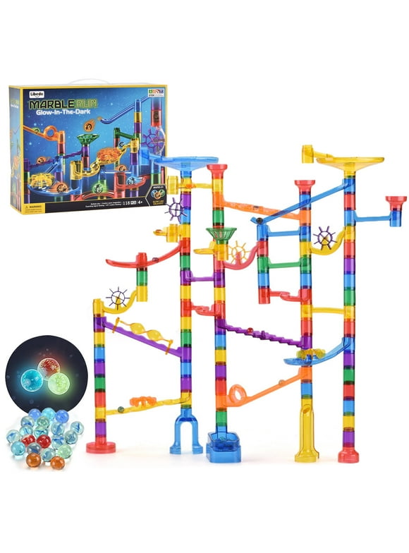 118pcs Glowing Marble Run, Marble Race Track Building Block & Marble Maze Games, Indoor Learning Building STEM Toy for Adults Teens or Kids(10 Glow in the Dark Marbles + 20 Glass Marbles)