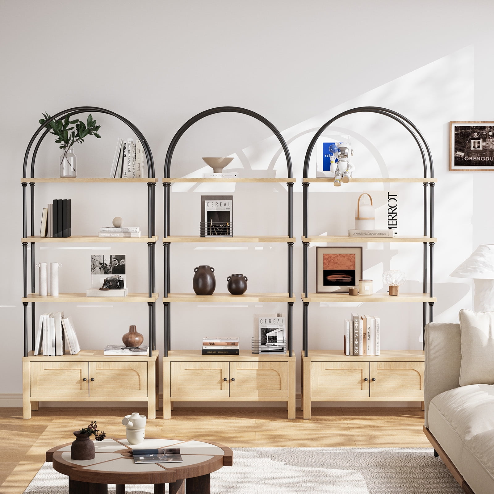 Furnibear Arched Bookshelf with Door 72 Inches Tall 5 Tier Storage Shelf with Cabinet,Modern Open Bookcase for Living Room or Home Office,Brown