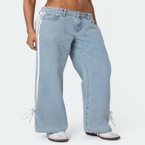 LYMAYTER Casual Jeans for Women High Waist Boyfriend Denim Pants Side Striped Baggy Wide Leg Jeans S-XL