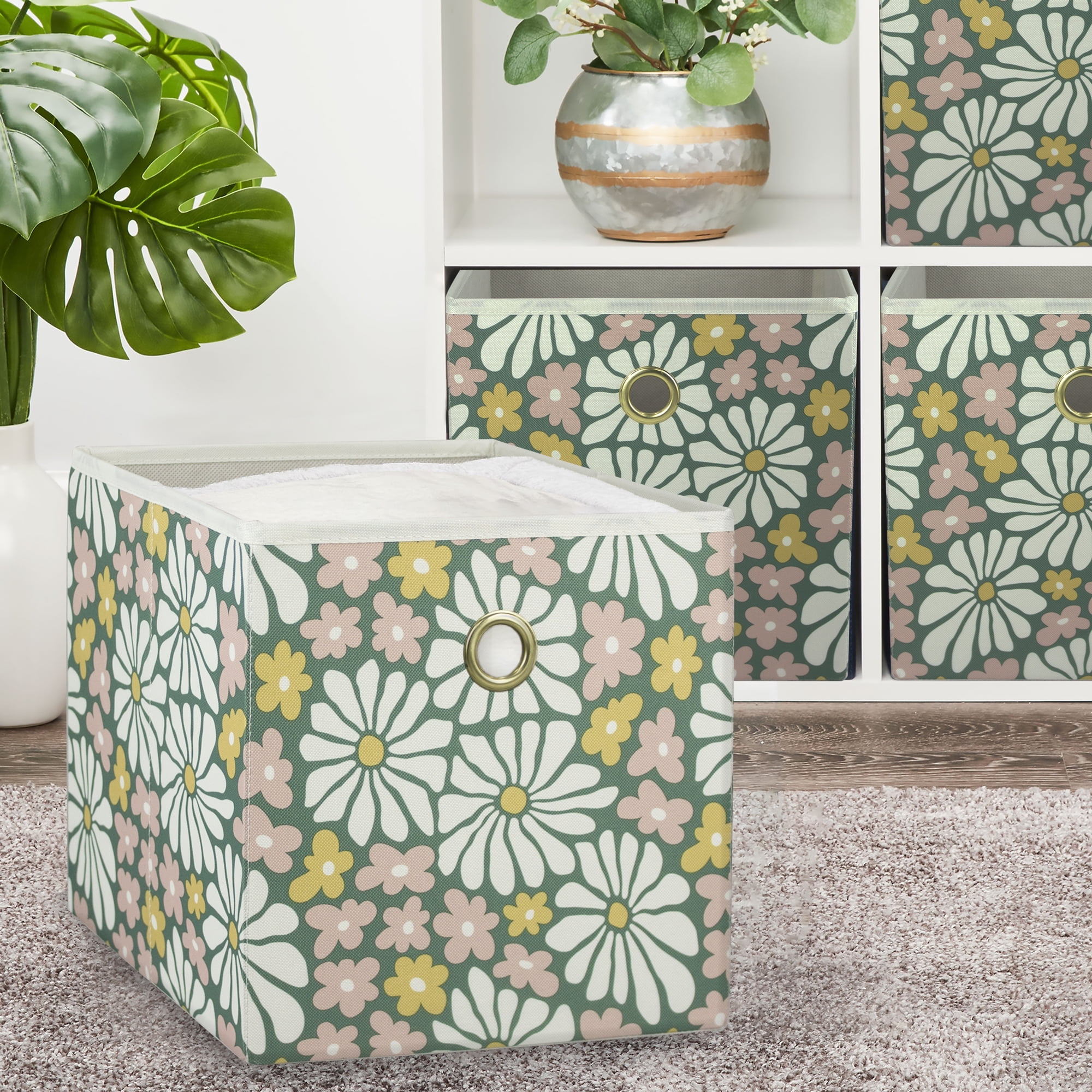 Mainstays Collapsible Fabric Cube Storage Bins (10.5" x 10.5"), Groovy Floral, 4 Pack