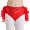 thumbnail image 4 of Lejafay Girls Glittery Rhinestones Dance Outfits One Shoulder Mock Neck Crop Top with Feather Briefs Dancewear Red 6, 4 of 6