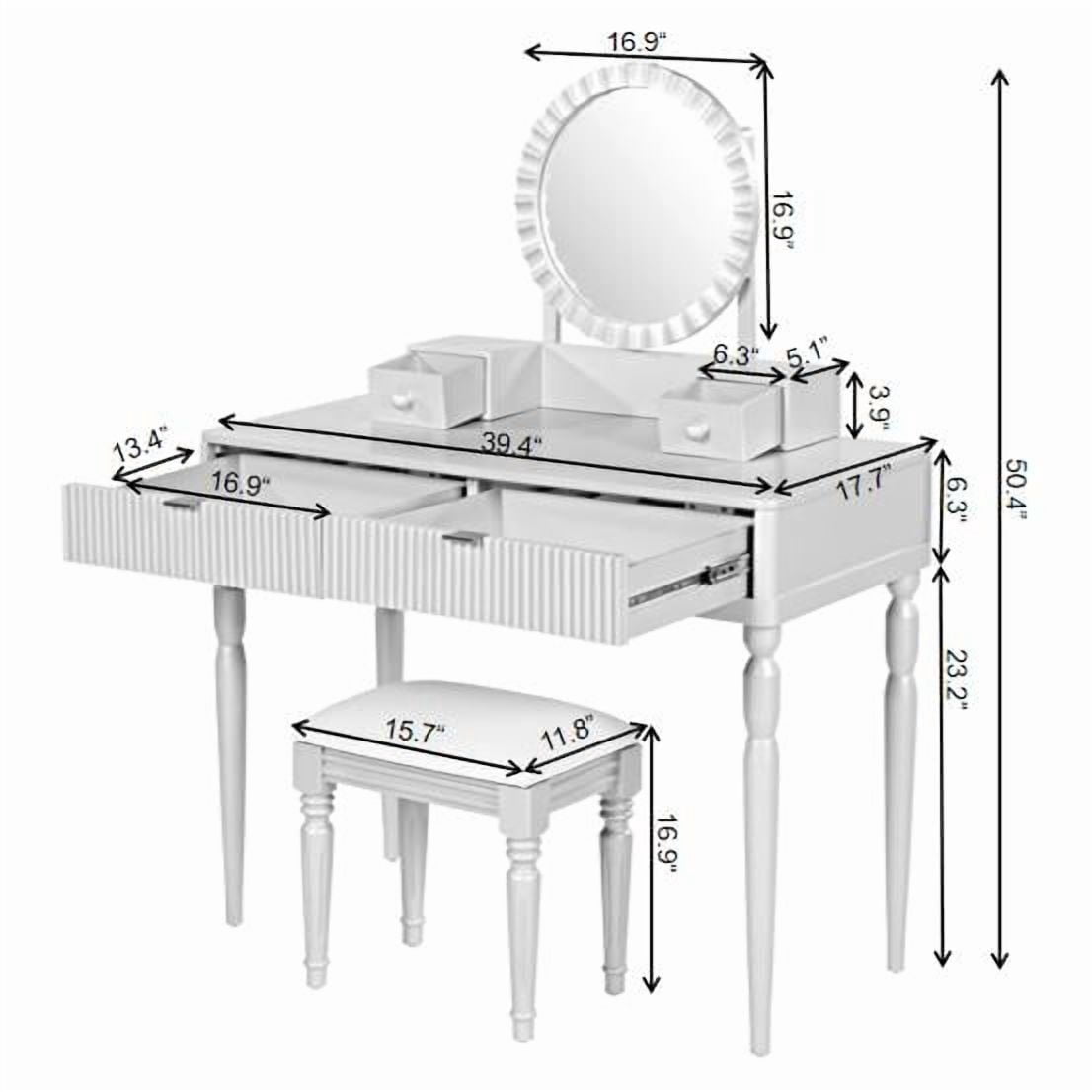 Homy Casa Makeup Vanity Table with Round Mirror, 4 Drawers & Stool, Cream White