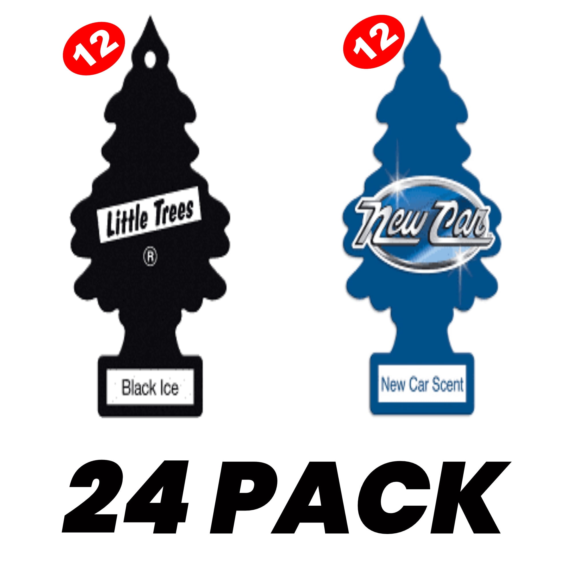 Pack of 24 Little Trees Car Air Fresheners, 12 Black Ice and 12 New Car Scent Hanging Automative Fragrances